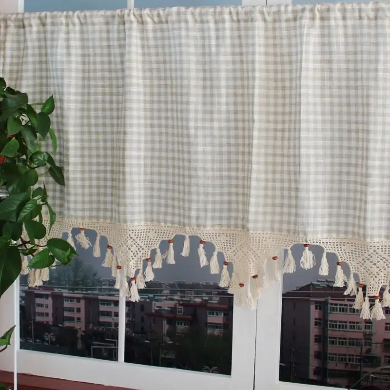 

English Countryside Retro Style Beige Plaid Cotton Linen Crochet Tassel Decorative Short Curtain Kitchen Partition Curtain