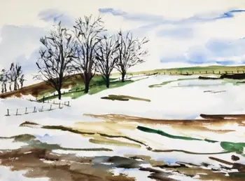 

Expressionist Watercolor Painting Winter Landscape Trees Snow PA Artist