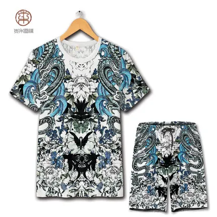 Chinese style exquisite floral 3D printing fashion t shirt and shorts suit Summer 2018 hollow breathable quality mens short sets