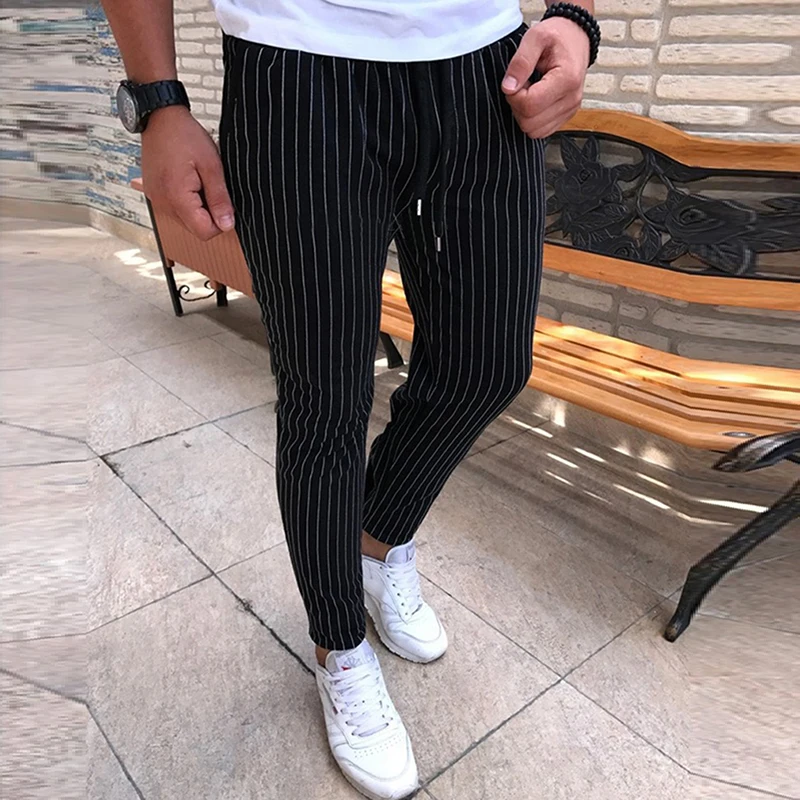 Новые полосатые узкие брюки мужские 2018 повседневные брюки на шнурке мужские уличные модные дышащие универсальные брюки