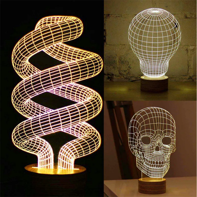 Novelty Optical Illusion 3D Wood Mood Lamp Micro USB Table Glowing Light