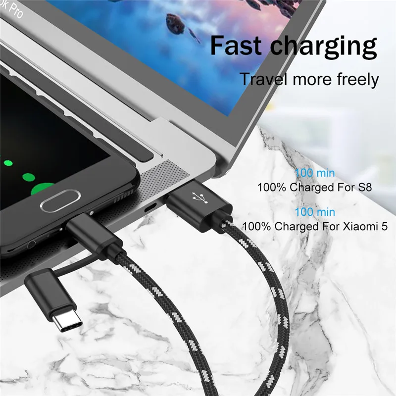 2 в 1 usb зарядный кабель для samsung оплетка Micro usb type C данные синхронизировать мобильный телефон USB C type-C кабель код для Xiaomi huawei LG