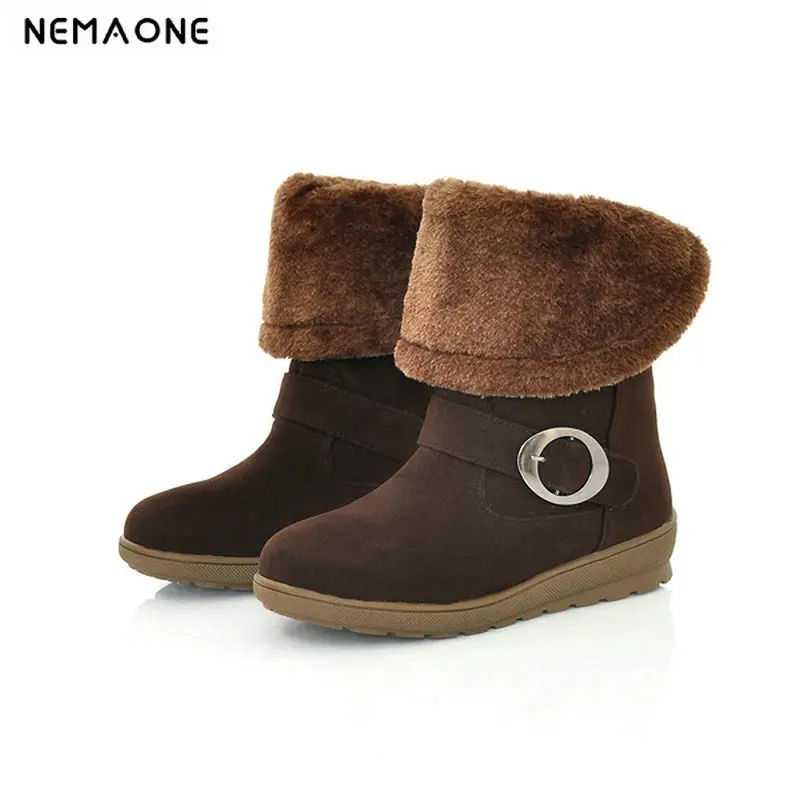 

NemaoNe Women Winter Snow Boots ankle Solid Wedges Ladies low Shoes Casual Leather Boot Woman Warm Botas Mujer