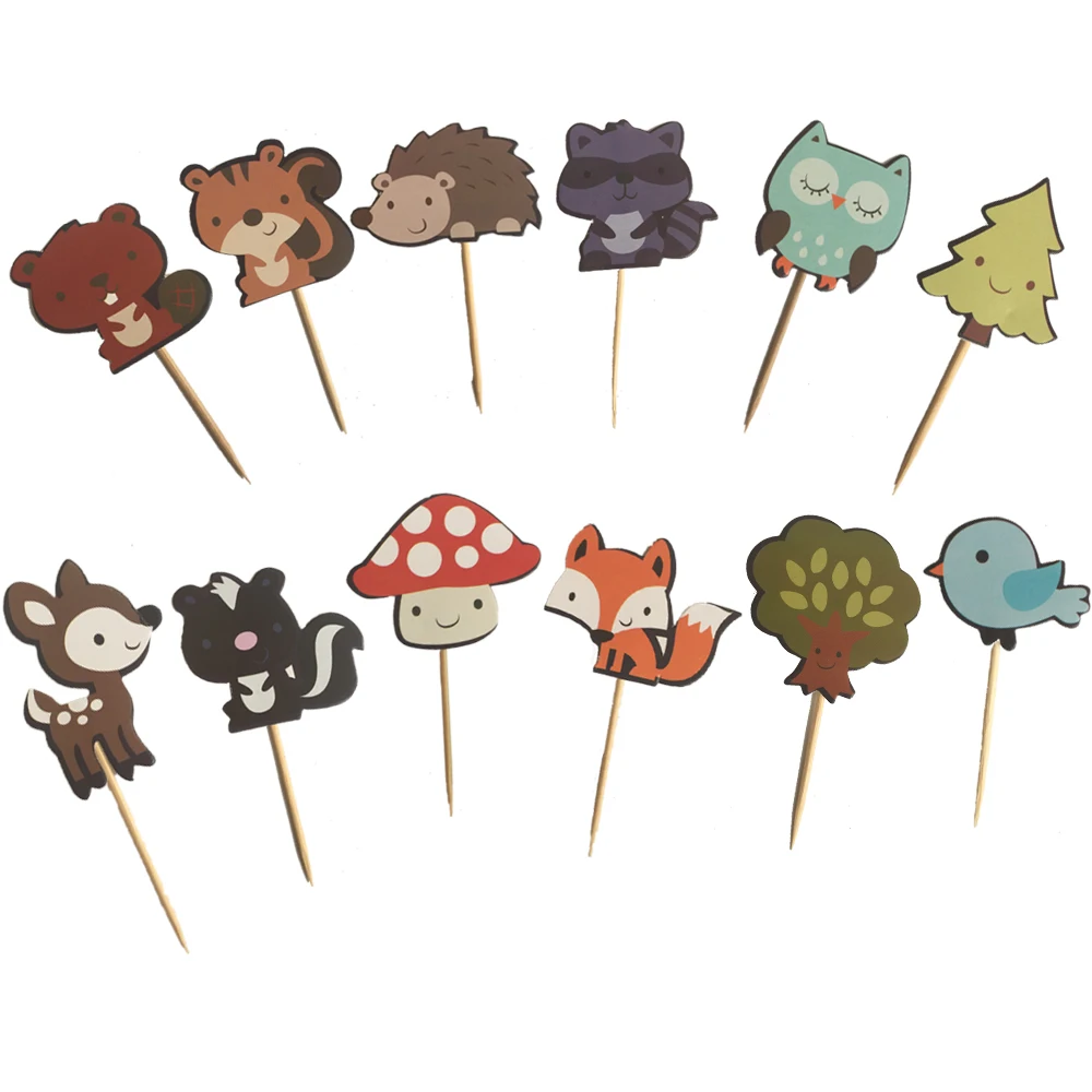 24 шт лес маленькие животные Торт Топперы джунгли животное, кекс топперы для детского дня рождения украшения десерт принадлежности