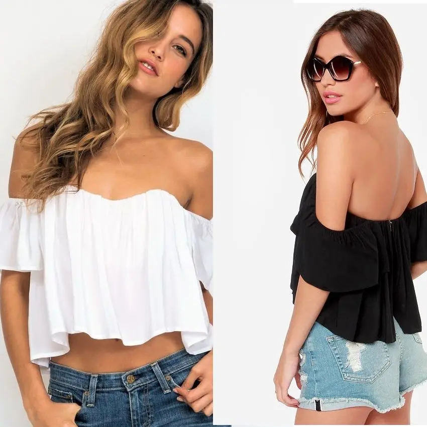 Women Sexy White Black Lace Off-shoulder Loose Top Ruffled Blouse Casual |