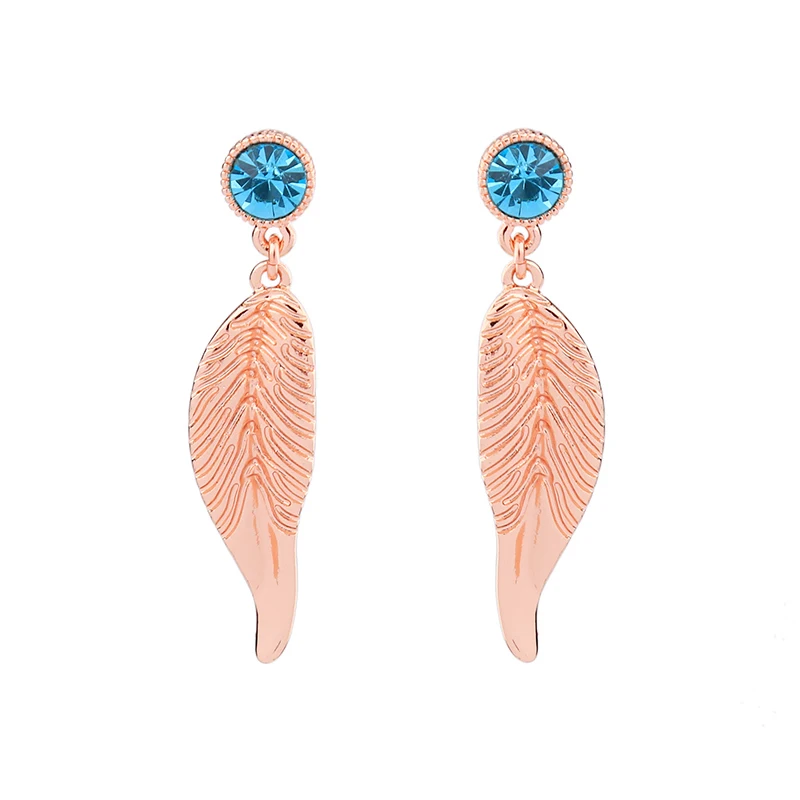 

2019 Blue Crystal Rose Gold & Gold Alloy Feather Pendant Earrings For Women Hanging Earrings Fashion Jewelry