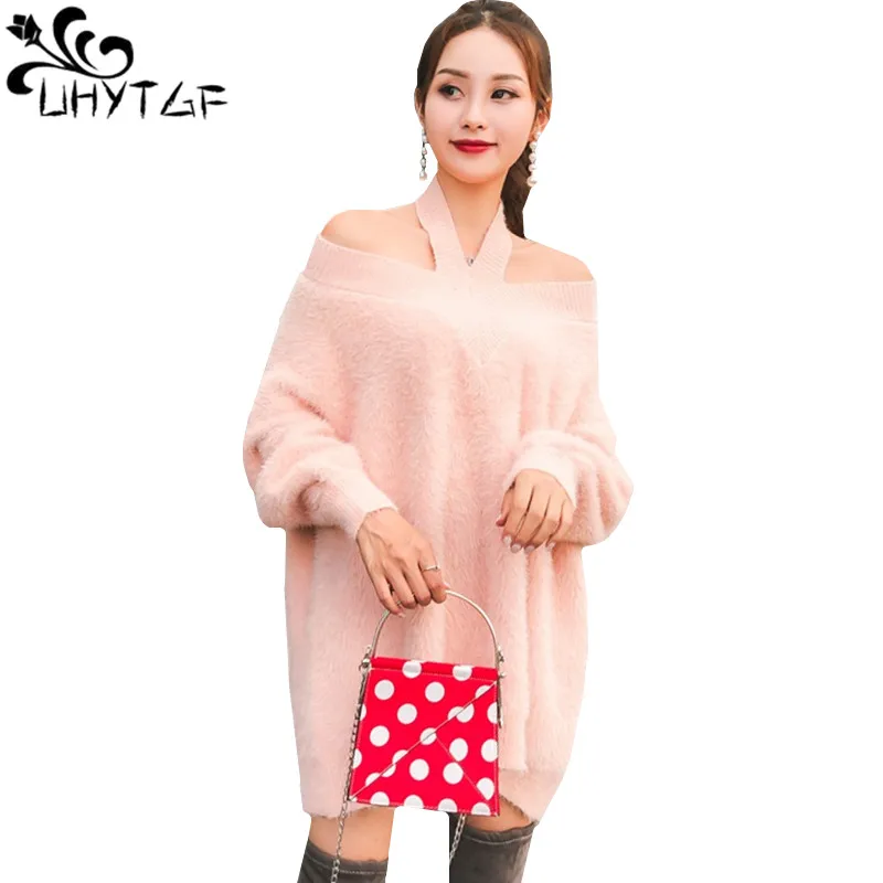 

UHYTGF Loose Mohair sweater Women Top knittted Pullover off shoulder One word collar long Hanging Neck Autumn Winter Sweater 756