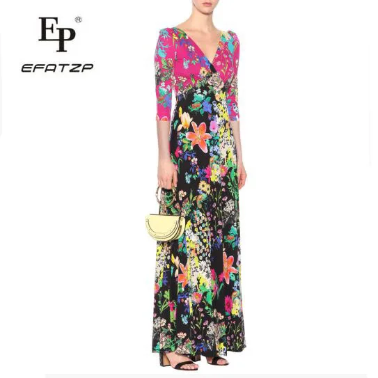 

New Fahion 2018 Luxury Maxi Dress Women's V-Neck elegant Colorful Geometry Print XXL Stretch Jersey Silk Spandex Long Dress