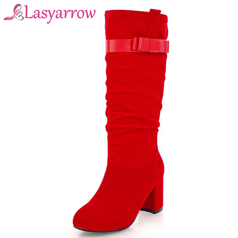 Lasyarrow Mid Calf Boots Ladies Knight Slip On Pleated Butterfly-knot Half Plus Size 31-43 Black Blue Red Shoes F518 | Обувь