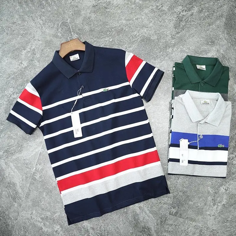 

LACOSTE LEGEND Running Shirt Men Triped T-Shirts Slim Short Sleeve Comfort Homme Cotton Outdoor Clothing 3color