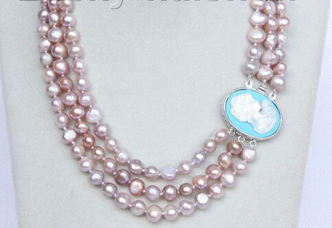 

huij 001485 Baroque 3row 8-9mm purple pearls necklace seashell clasp