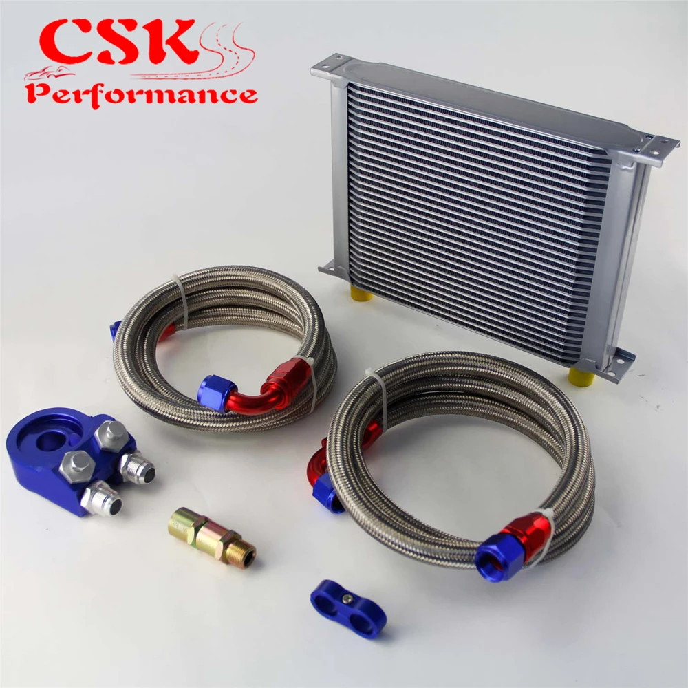 

Universal 30 Row 248mm AN10 Engine Transmission Oil Cooler British Type + Aluminum Filter Adapter Kit Black/Silver/Blue