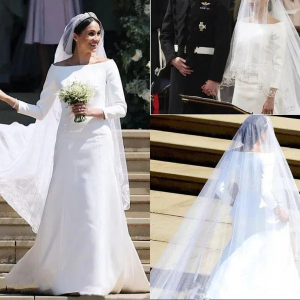 2019 Prince Harry&Meghan Markle Long Sleeves Wedding Dresses Simple Satin Bateau Neck Long Bridal Wedding Gowns Court Train Custom Made