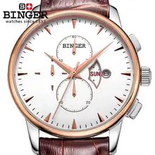 Switzerland men’s watch luxury brand Wristwatches BINGER 18K gold Quartz watch leather strap Chronograph waterproof BG-0404-6