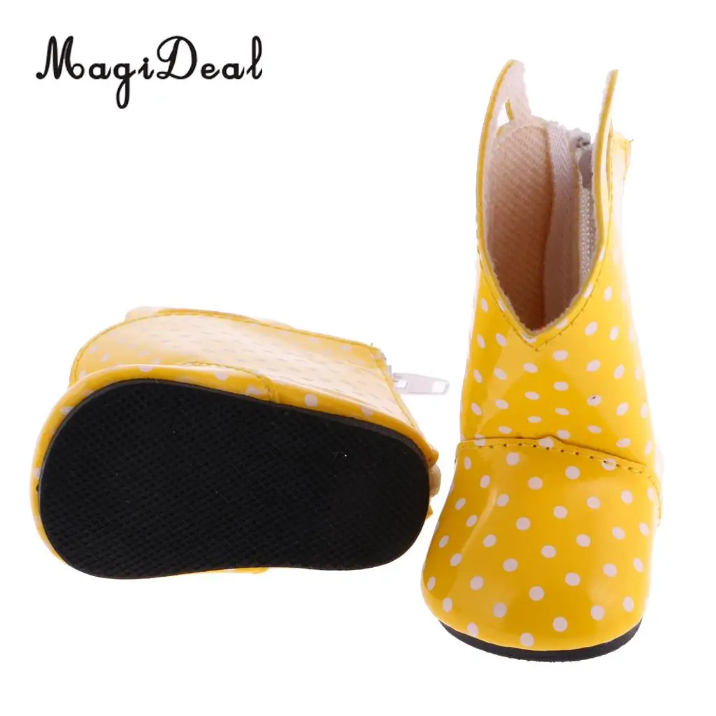 MagiDeal 1 Pair PU Leather Yellow Dots Zipper Back Boots Shoes for 18 Inch   Dolls Baby Outdoor Rain Wear Accs