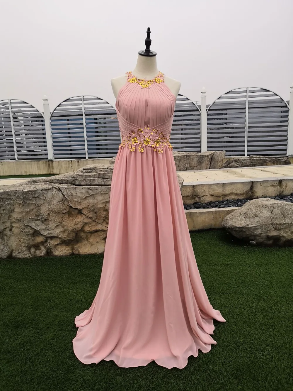 

In Stock Long Chiffon A-Line Evening Gown Cheap Peach Women Formal Prom dress Vestidos Robe De Soiree