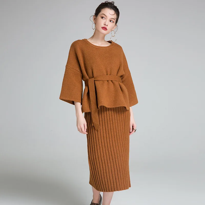 2019 весна и осень Новое поступление для женщин комплект свитер корейский слинг вязаное платье