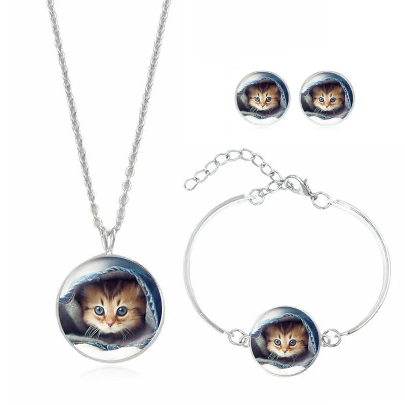 Новый бренд ювелирных изделий с посеребренные стекло кабошон кошка узор колье цепочки и ожерелья Серьги Браслет Набор для женщин подарок