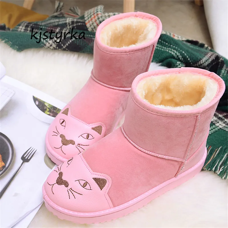 

kjstyrka botines mujer 2018 fashion lovely cat cute simple comfortable plush warm mid-calf women snow boots pink bota feminina