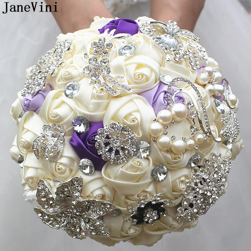 

JaneVini Luxury Ivory Satin Rose Bridemaid Bouquet Lace Handle Crystal Bridal Bouquets Wedding Flowers Artificial Buque De Noiva