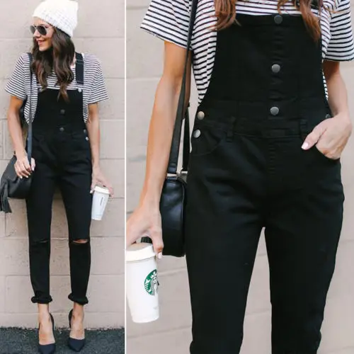

Women Denim Suspender Pants Distressed Cut Hole Over Knee Women Casual Button Jeans Trousers