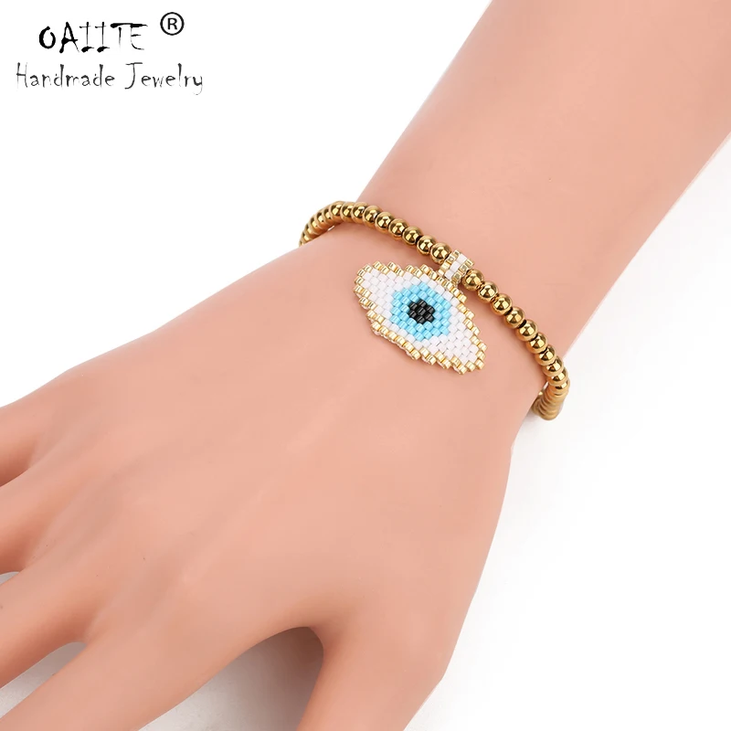 

OAIITE Evil Eye Delicas Bracelet For Women Gold Metal Beads Chain Bracelet Handmade MIYUKI Seed Bead Jewelry Turkey Eye Bracelet