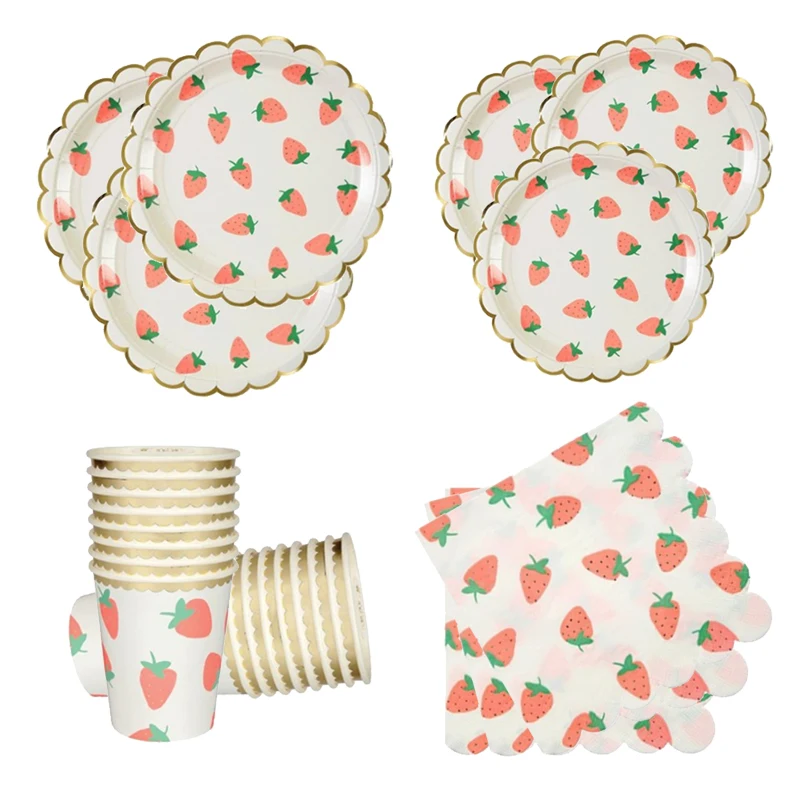 Gold Foil Strawberry Paper Plates Cups Napkins Disposable Party