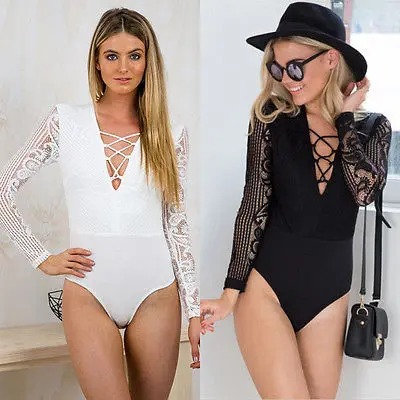 

Fashion Women Sexy Body Top Bodys Woman With Lace Neckline Tuta hot black jumpsuit bodysuit