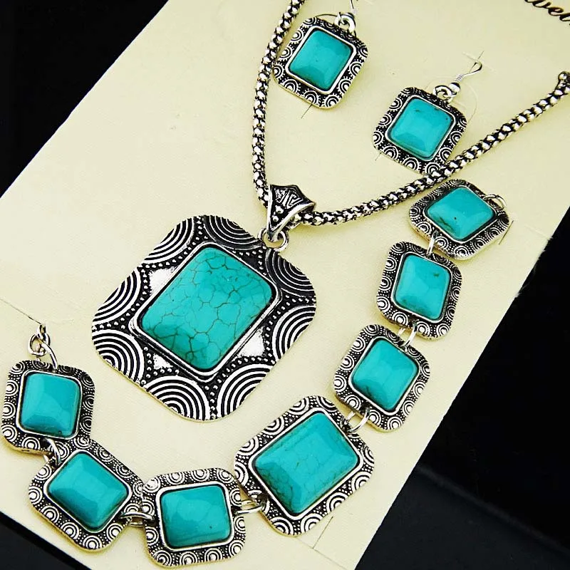 Trendy Vintage Tibet Silver Oval Shape Turquoise Stone Flower Pendant Necklace 