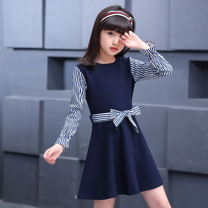 Школьная одежда; коллекция года; подростковое платье; Одежда для девочек; осенняя синяя рубашка в полоску для девочек; платья с длинными рукавами для маленьких детей
