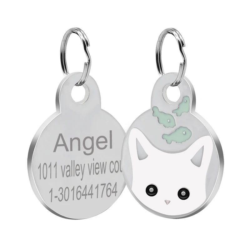 Loverly Anti-lost Stainless Steel Personalized Round Dog Tag Custom Cat Engraved Name Tags Cute Kitten Face ID Tags