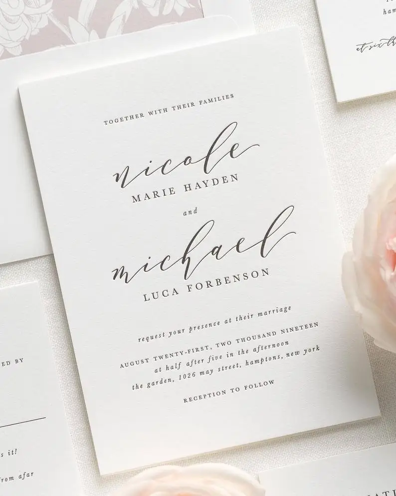  Simple elegant letterpress wedding invitation with envelope - 1876150488
