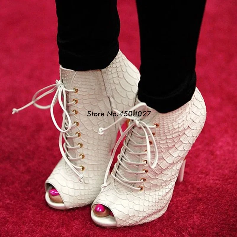 

Summer Black White Snakeskin Leather Women Sandals Open Toe High Heel Ankle Boots Lace Up Spike Heel Pumps