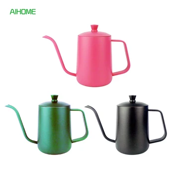 

600ml Gooseneck Spout Pour Over Coffee Kettle Tea Pot Stainless Steel Long Mouth Kettle with Lid Pink Black Green Drinkware