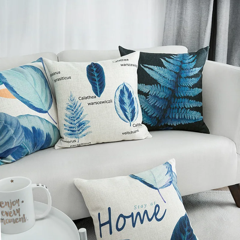 

Cushion Cover Pillow Case Watercolor Blue Leaves Fern Patterned Plants For Sofa Seat Simple Home Decor 45*45cm Pillow Cover
