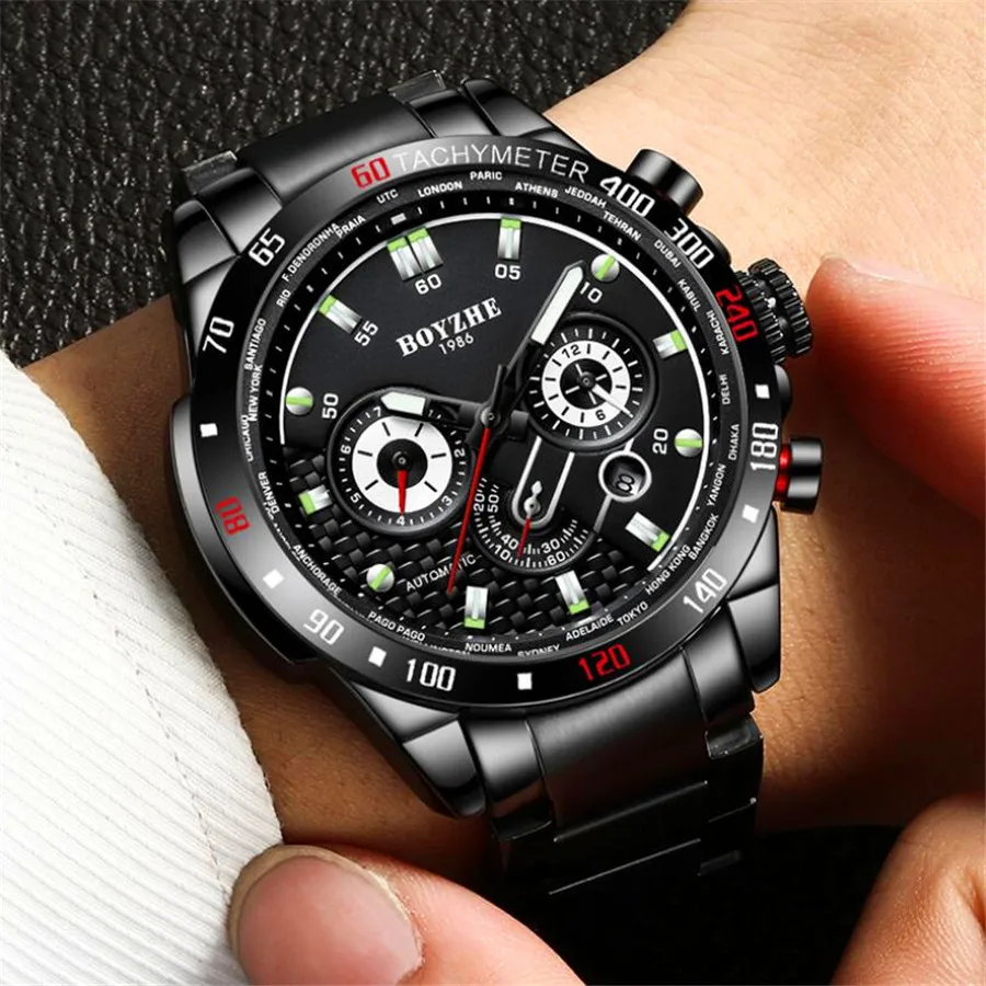 

Men's Black Dial Self-wind Watch Automatic Mechanical Wristwatch Black Steel Watchband hours Week Calendar Luminous Display