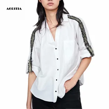 

2019 Women Spring Long Sleeve White Shirt Turn-down Collar Tops Women Blouses