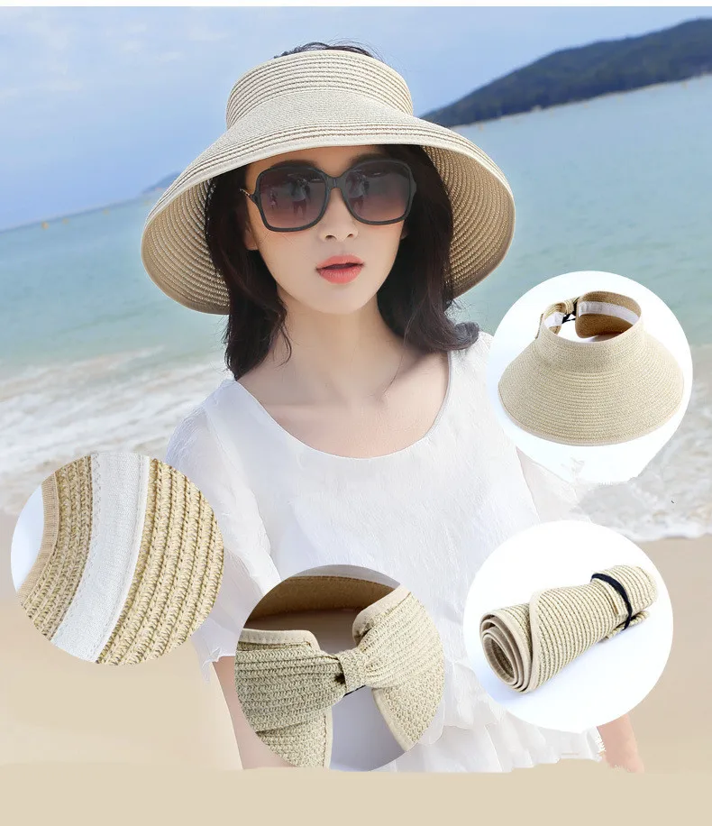 

2019 New Spring Summer straw hat Visors Cap Foldable Wide Large Brim Sun Hat Beach Hats for Women Straw Hat