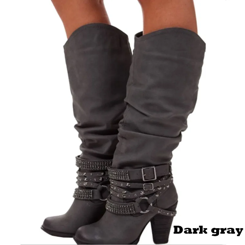 

XingDeng Lady Western Cowboy High Heels Motorcycle Pu Leather Boots Shoes 34-43 Women Long Rivets Bukle Thin Heels Boots Shoes