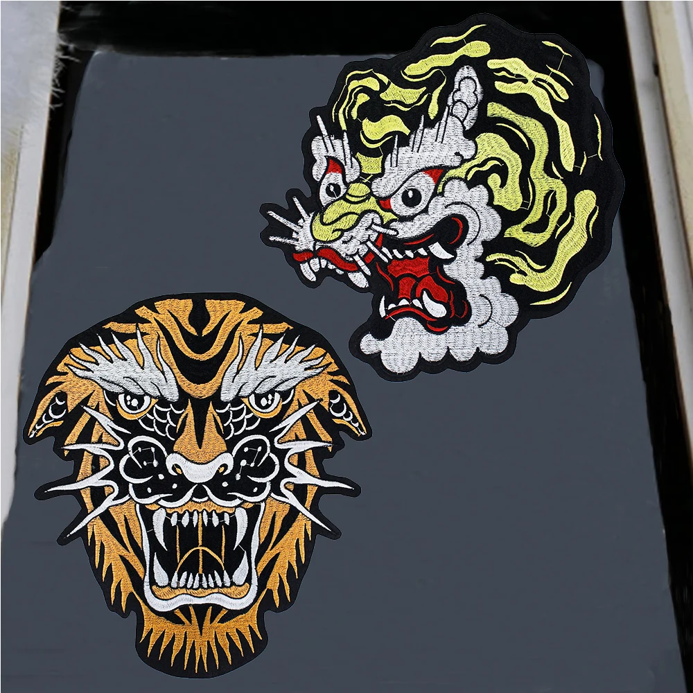 

2pc Large Tiger Dragon Patch Morale Iron on Biker Back Badge Punk Motorcycle Embroidery Patches for Clothes Decal DIY Supplies
