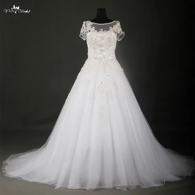 elegante blanco y plata vestidos de novia manga corta encaje vestido
