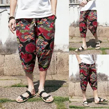 Новые мужские широкие шаровары хлопковые льняные широкие пижамы свободные укороченные брюки высокого качества W426