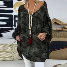 Большой размер 5XL женский свободный Камуфляжный пуловер размера плюс с длинным рукавом и v-образным вырезом Камуфляжный Топ женский большой размер Свободная футболка