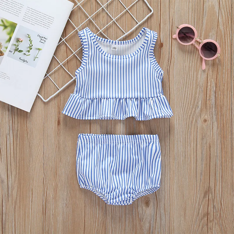 

OKLADY 2019 Summer Baby Girl Swimsuit Pink Stripe Ruffle 2 Pieces Set Swimwear Blue Stripe Cute Family Swimming Suit 6M - 2T