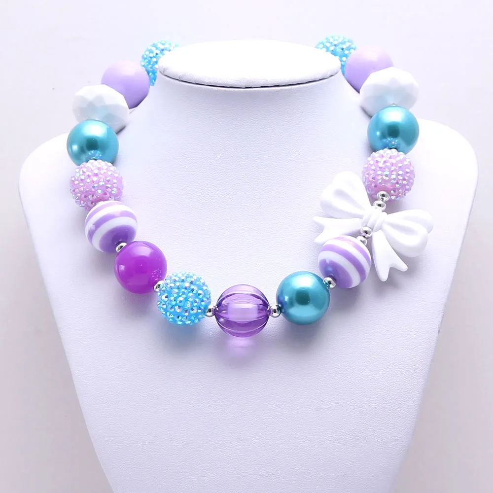 

MHS.SUN 2PCS Lovely Bow Baby Kid Chunky Necklace Purple+Blue Color Girl Kids Bubblegum Chunky Bead Necklace Children Jewelry