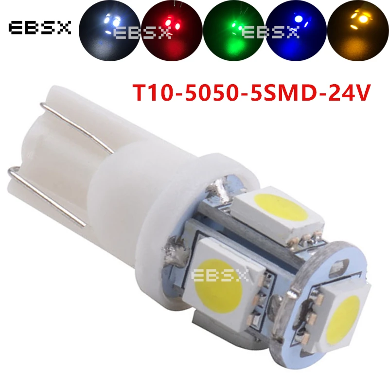 

EBSX 10 PCS 24V LED T10 194 168 W5W 5 SMD 5050 5SMD LED Wedge Light Bulb Lamp White Green Blue Red Yellow 24V DC T10 5050 5led