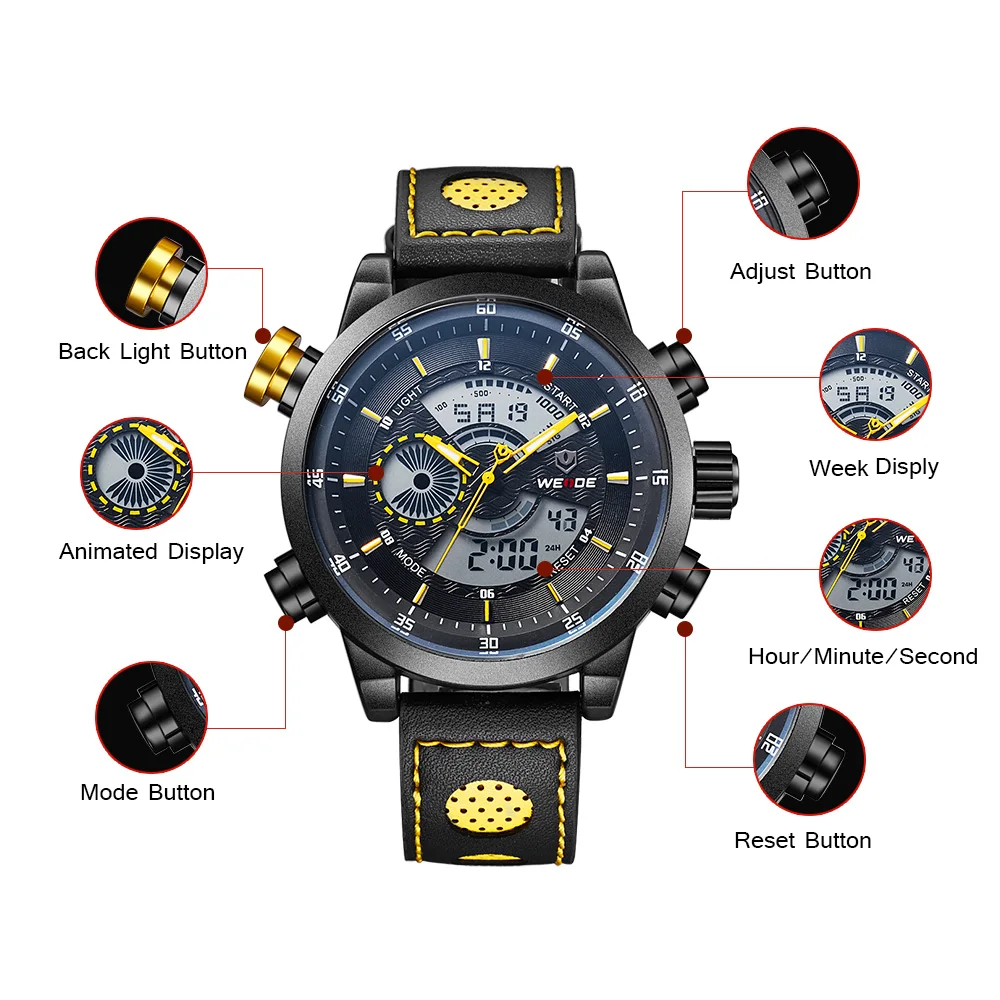 WEIDE Luxury Brand Fashion Sport Watch Analog Digital Display Waterproof Leather strap Gift Box Relogio Masculino Alarm Clock WEIDE Luxury Brand Fashion Sport Watch Analog Digital Display Waterproof Leather strap Gift Box Relogio Masculino Alarm Clock