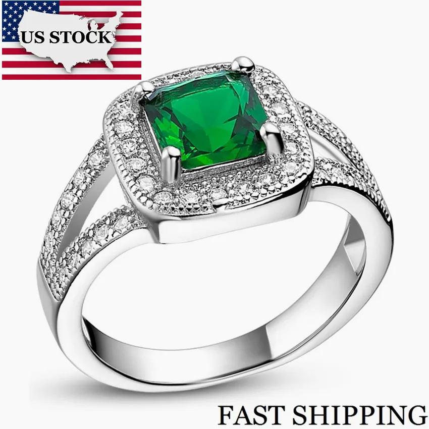 

US STOCK 5%Off Fashion Green Rings with Stones Silver Jewelry Blue Red Square Crystal Women Engagement Rings Uloveido J577
