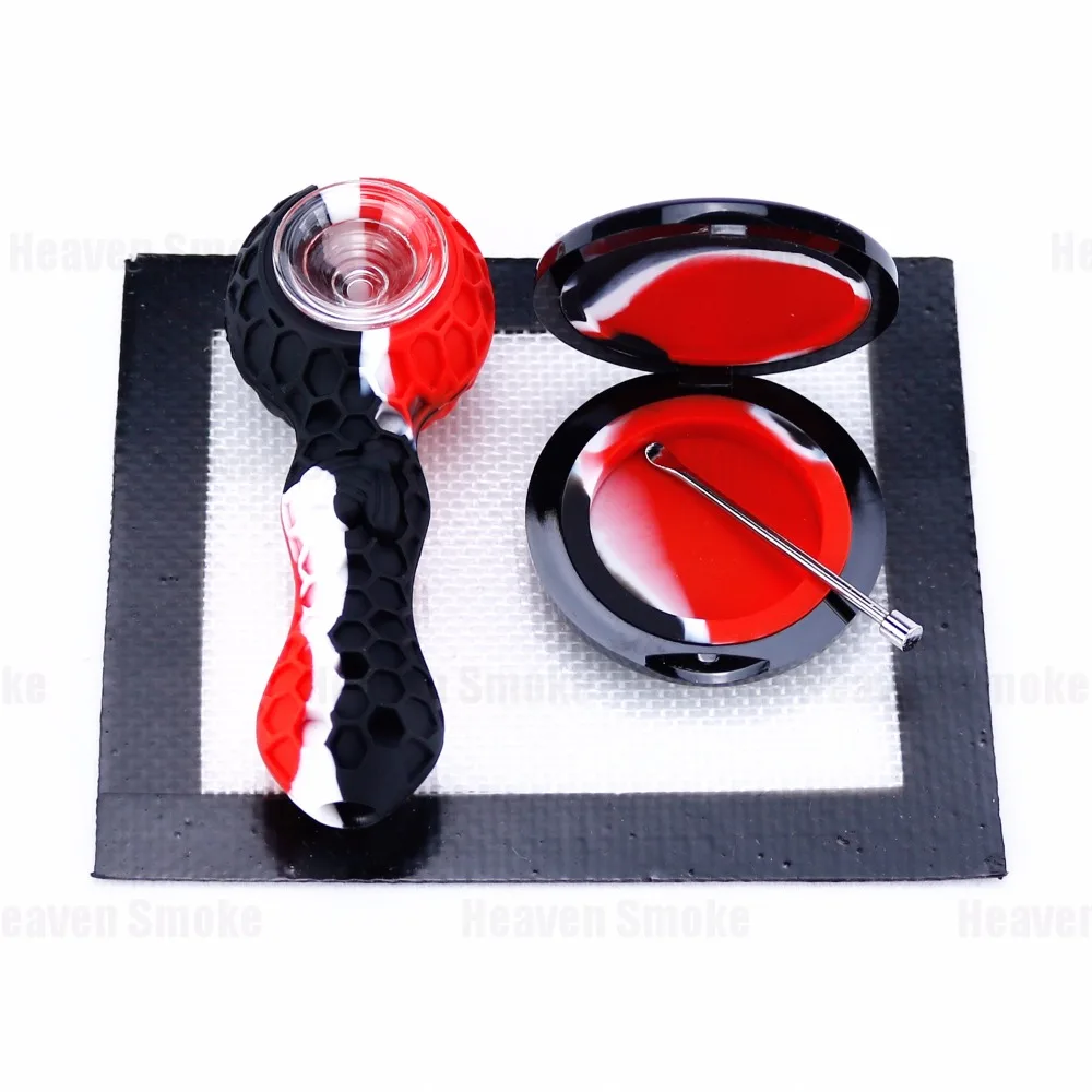 

Honey Bee Smoking Pipes Kit w/ Glass Bowl Stainless Steel Dabber Tool Tobacco Pipe+Dab Wax Herb Stash Silicone jar+Silicone Mat