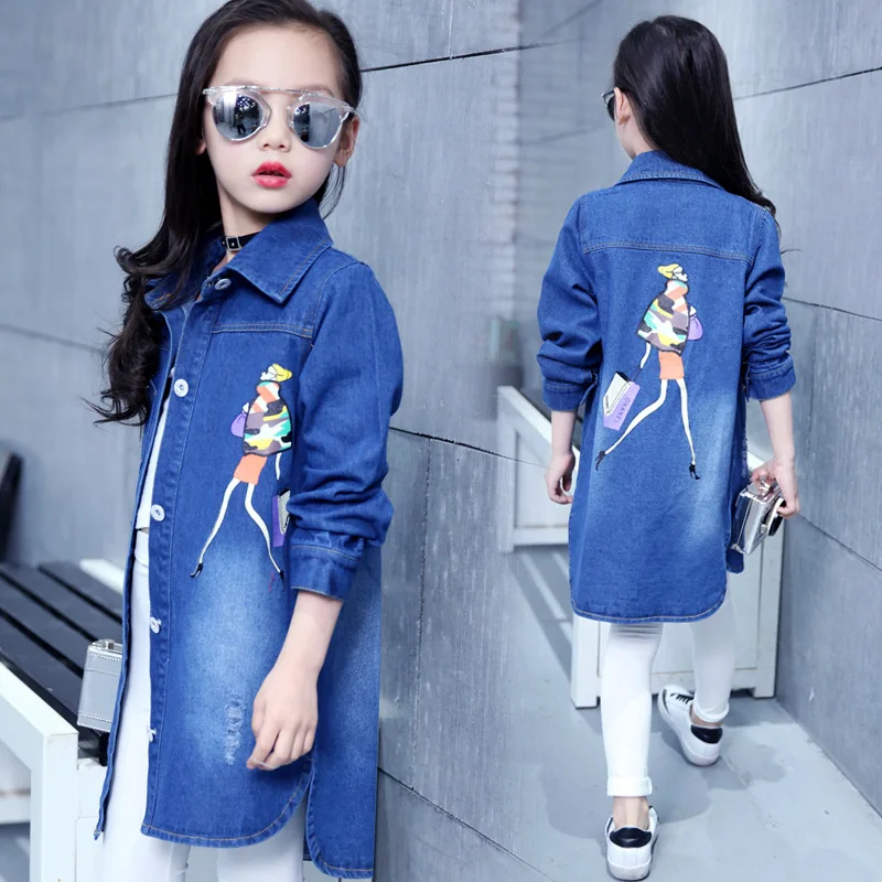 

2017 New Children clothing denim coat for girls jackets autumn & spring outwear kids clothes baby girl long trench top 5-13T